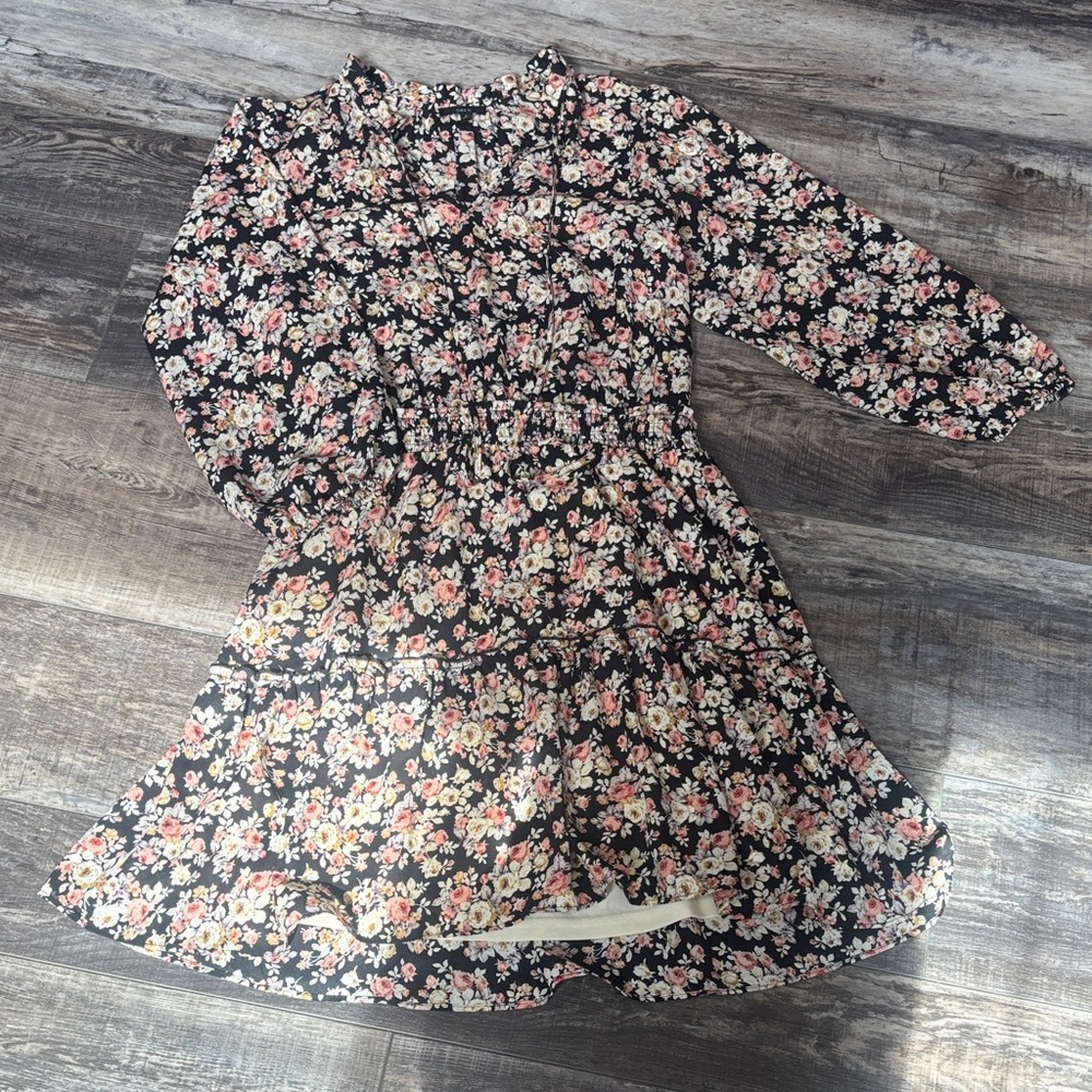 DREW Black Floral Tiered Dress with Pink and Cream Blooms